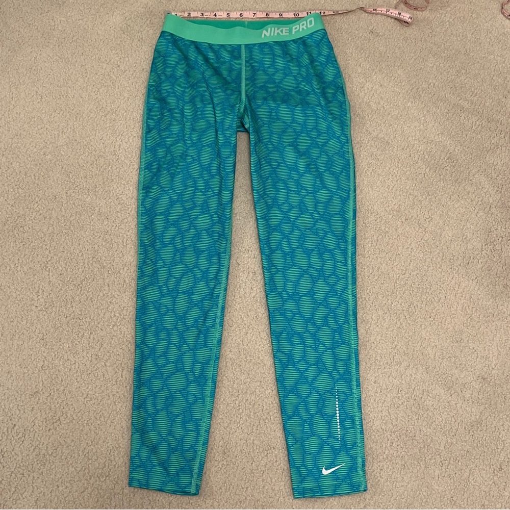 Nike Pro Leggings teal green white swoosh logo youth XL